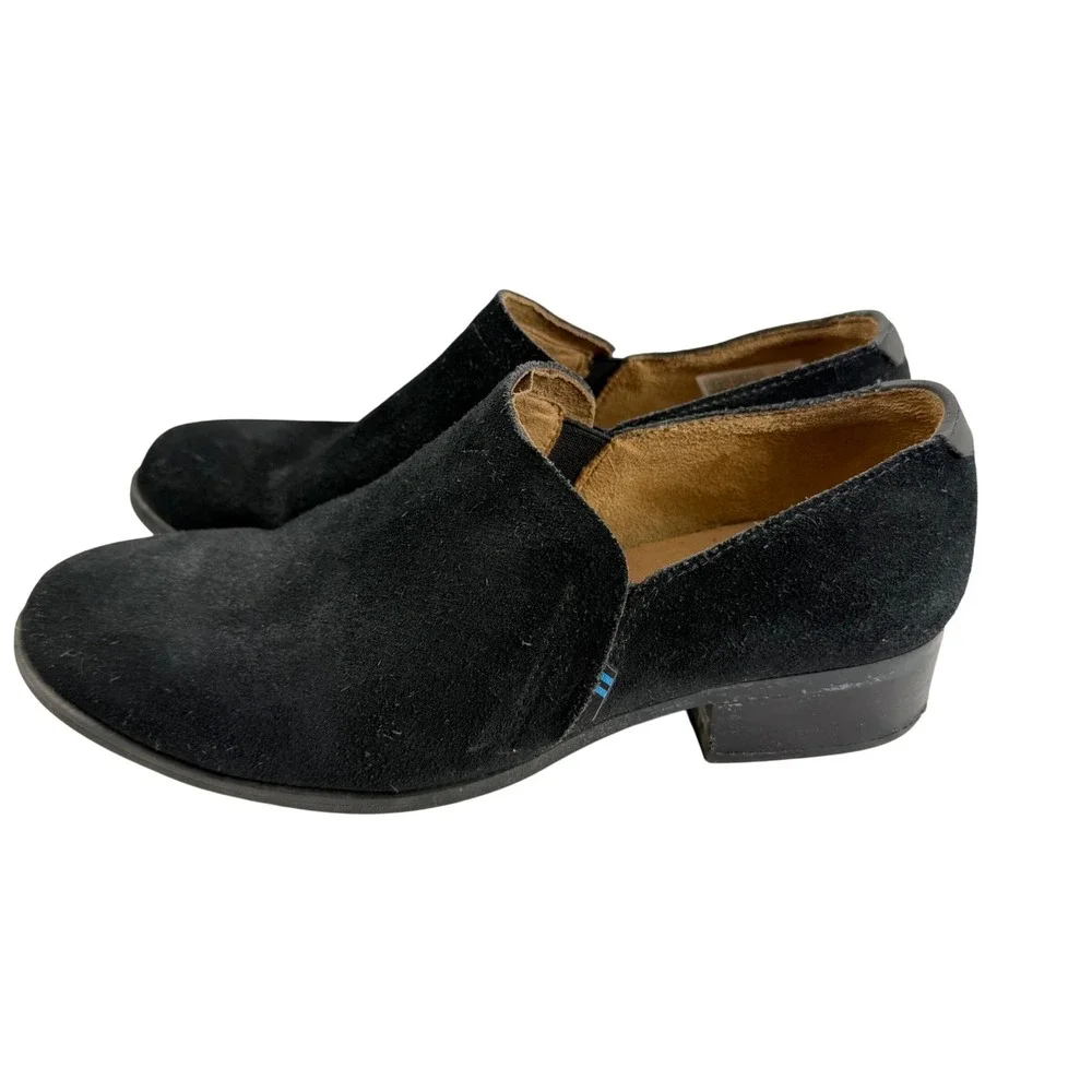 TOMS Shaye Black Suede‎ Slip On Booties Block Heel Womens Sz 8 Minimalist Casual